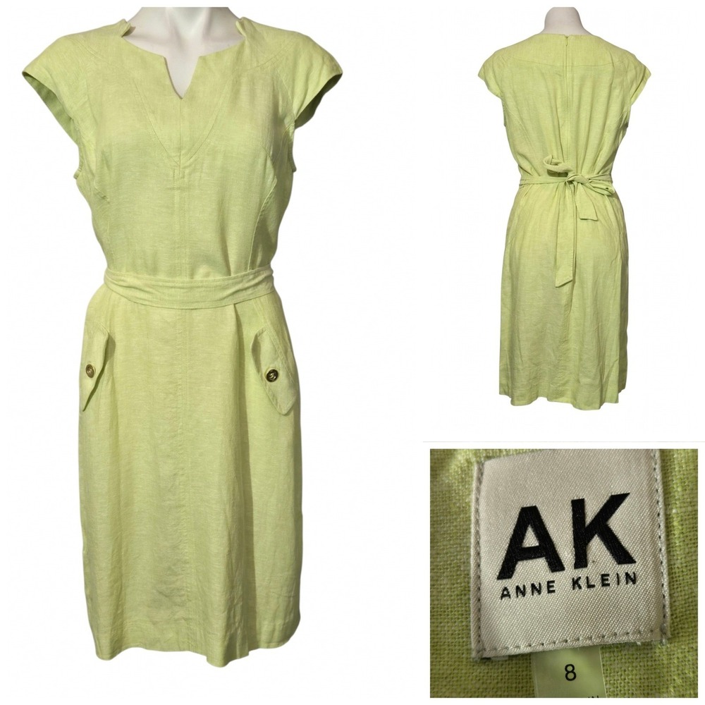 Anne Klein AK Lime Green Linen Blend Sheath Dress Cap Sleeve Tie Waist Size 8